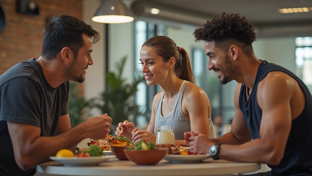 متدربون يتناولون وجبة صحية متوازنة بعد جلسة تمرين