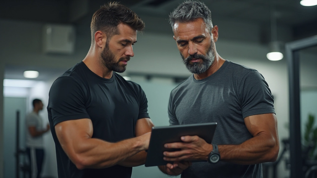 مدرب شخصي يعمل مع عميل على خطة تدريب مخصصة في صالة رياضية