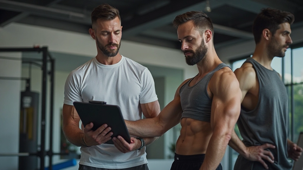 مدرب شخصي يقوم بتوجيه عميل خلال جلسة تدريب في صالة حديثة