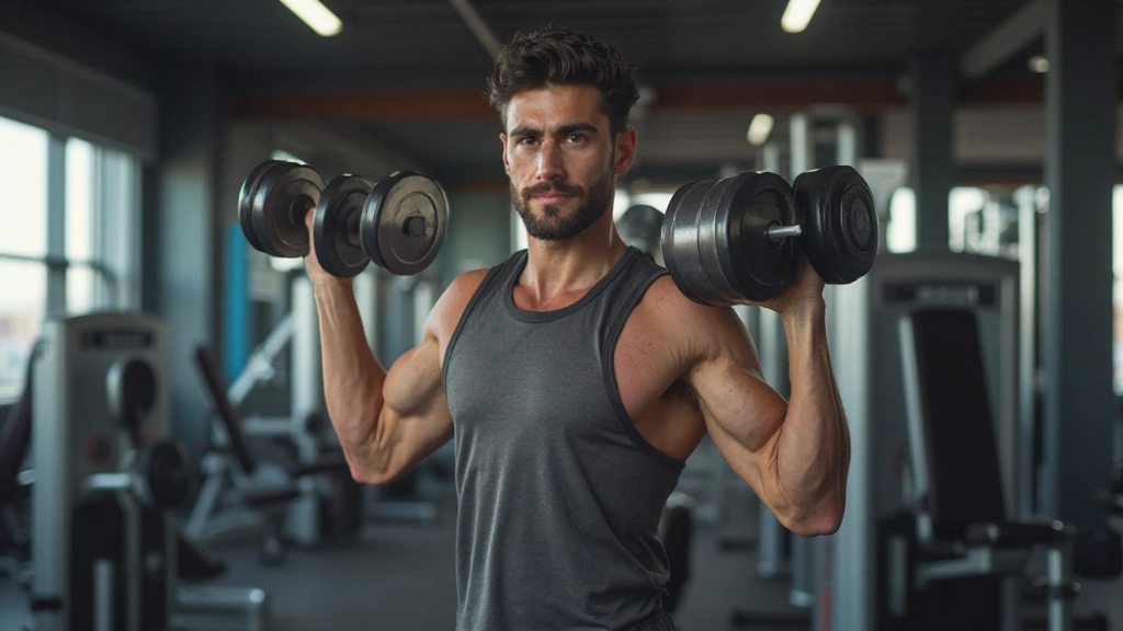 متدرب يمارس تمارين القوة مع الأوزان الحرة في صالة رياضية